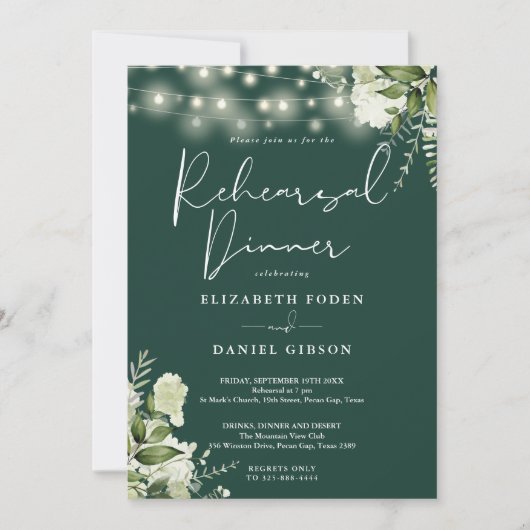 Smaragdgroene snoerlichten proefdinersfeer kaart (Voorkant)