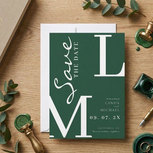Smaragdgroene stijlvolle monogram bruiloft save the date