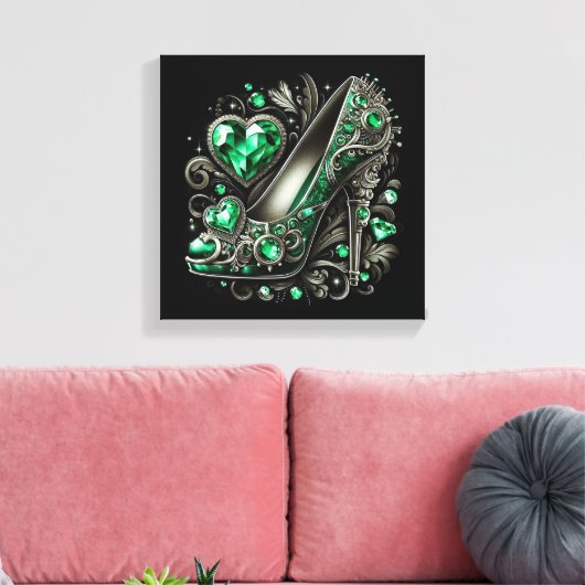 Smaragdgroene Stiletto Hoge Hakken met Harten Canvas Afdruk (Insitu (Woonkamer))
