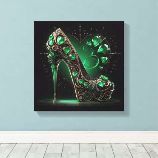 Smaragdgroene stiletto's en diamantvormige harten canvas afdruk (Insitu (Houten vloer))