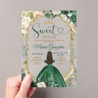 Smaragdgroene Sweet 16 Quinceañera Glitter Bloemen Acryl Uitnodigingen