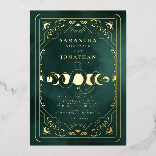 Smaragdgroene tarot hemelse bruiloft goud folie uitnodiging (Voorkant)