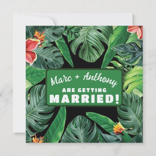 Smaragdgroene tropische jungle bestemmingsbruiloft save the date (Voorkant)
