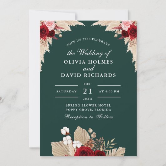 Smaragdgroene tropische Rozen bruiloft uitnodiging (Voorkant)