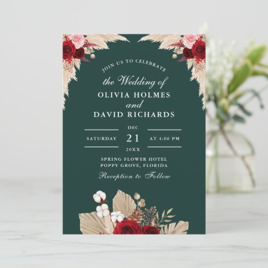 Smaragdgroene tropische Rozen bruiloft uitnodiging (Staand voorkant)