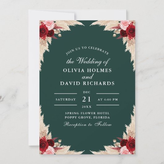 Smaragdgroene tropische Rozen bruiloft uitnodiging (Voorkant)