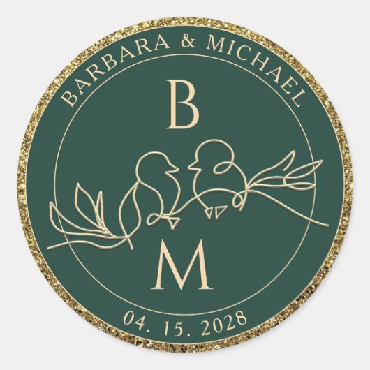 Smaragdgroene Trouw Monogram Ronde Sticker (Voorkant)