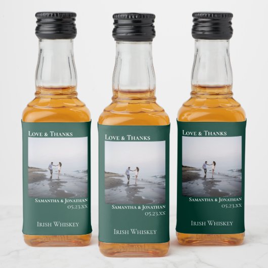 Smaragdgroene trouwfoto Liefde & Bedankt Mini Likeurfles Etiket (Flessen)