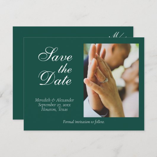 Smaragdgroene trouwfoto Save the Date Kaart (Voorkant / Achterkant)