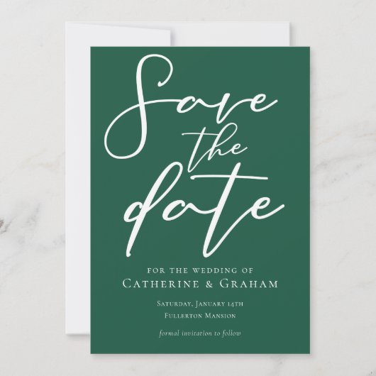 Smaragdgroene typografie Chic Forest Save The Date (Voorkant)
