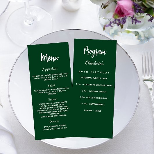 Smaragdgroene verjaardagsprogramma dinerkaart reclamekaart