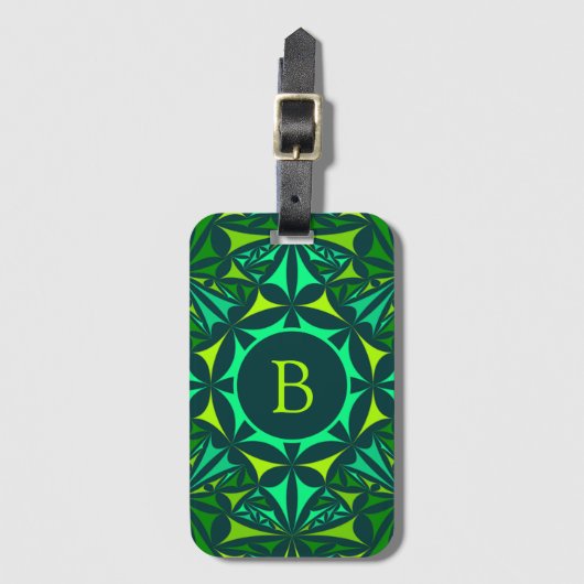 Smaragdgroene Versierde Kaleidoscoop Monogram Bagagelabel (Voorkant (verticaal))