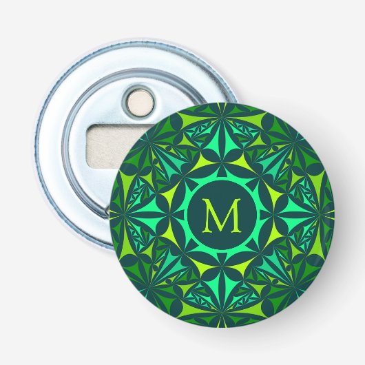 Smaragdgroene Versierde Kaleidoscoop Monogram Button Flesopener (Voorkant)