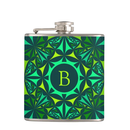 Smaragdgroene Versierde Kaleidoscoop Monogram Heupfles (Voorkant)