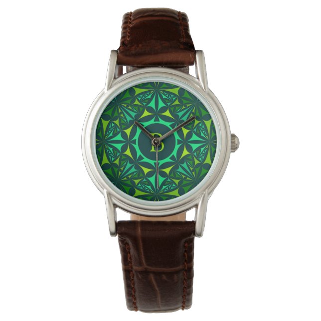 Smaragdgroene Versierde Kaleidoscoop Monogram Horloge (Voorkant)