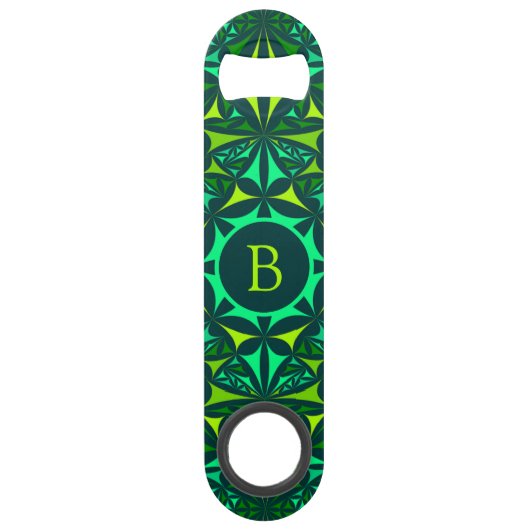 Smaragdgroene Versierde Kaleidoscoop Monogram Speed Flessenopener (Voorkant)
