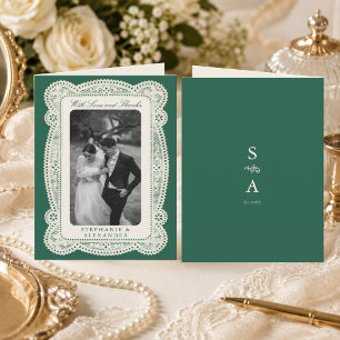 Smaragdgroene Vintage Kant Oude Geld Huwelijksfoto Bedankkaart