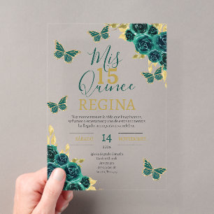 Smaragdgroene Vlinders Quinceañera Acryl Uitnodigingen
