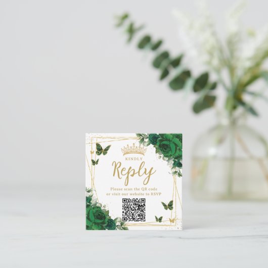 Smaragdgroene vlinders Quinceanera RSVP QR Code Informatiekaartje (Staand voorkant)