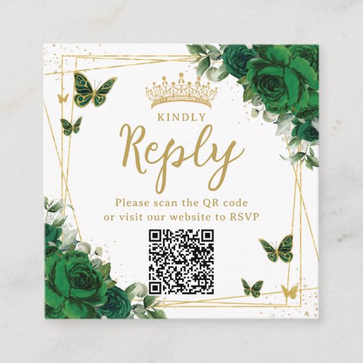 Smaragdgroene vlinders Quinceanera RSVP QR Code Informatiekaartje (Voorkant)