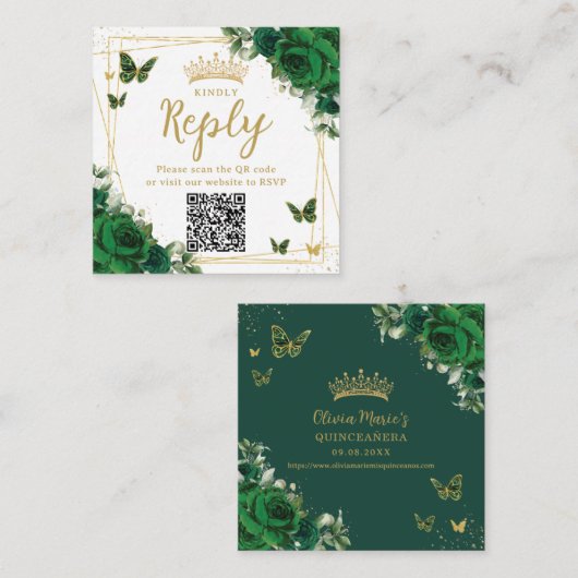 Smaragdgroene vlinders Quinceanera RSVP QR Code Informatiekaartje (Voorkant / Achterkant)