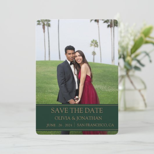 Smaragdgroene waterverf bloemenbruiloft foto save the date (Staand voorkant)