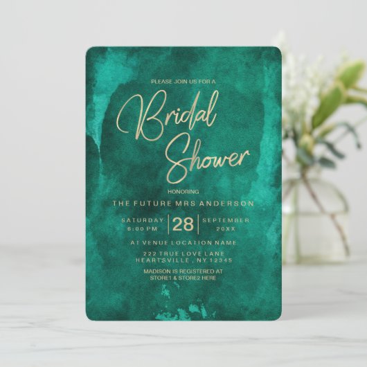 Smaragdgroene Waterverf bruids doucheuitnodiging Kaart (Staand voorkant)