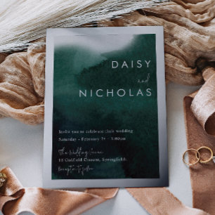 Smaragdgroene Waterverf Bruiloftszilver Folie Uitnodiging