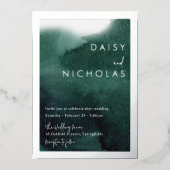 Smaragdgroene Waterverf Bruiloftszilver Folie Uitnodiging (Voorkant)