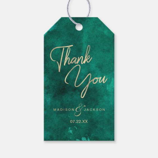 Smaragdgroene Waterverf & gouden bruiloft dank u Cadeaulabel (Voorkant)