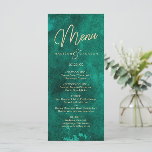Smaragdgroene Waterverf gouden bruiloft diner menu (Staand voorkant)