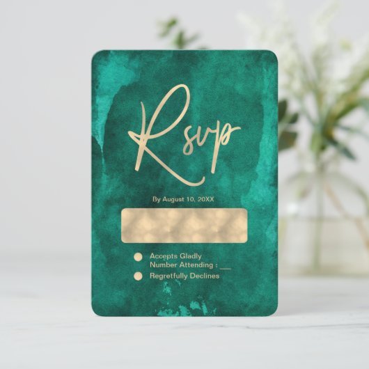 Smaragdgroene Waterverf & Gouden Bruiloft RSVP (Staand voorkant)