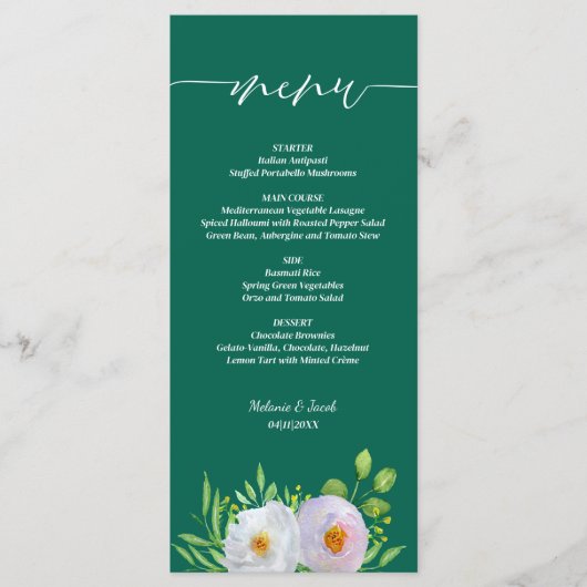 Smaragdgroene witte bloemenbruiloft menu (Voorkant)