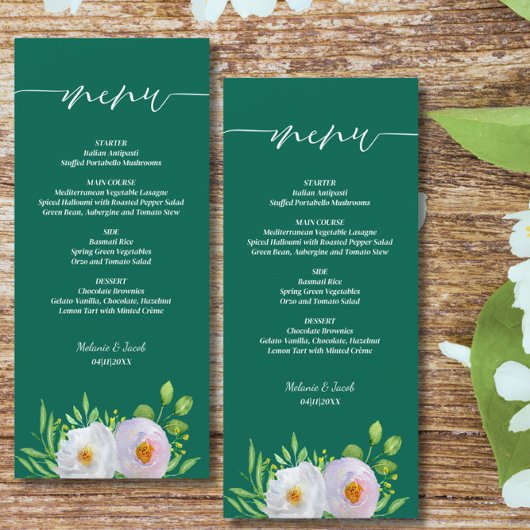 Smaragdgroene witte bloemenbruiloft menu