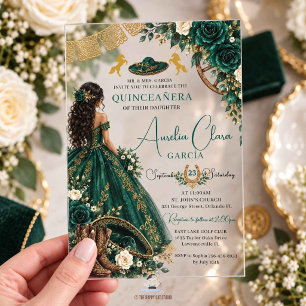 Smaragdgroene Witte Bloemrijke Charro Quinceanera Acryl Uitnodigingen