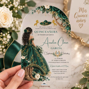 Smaragdgroene Witte Bloemrijke Charro Quinceanera Acryl Uitnodigingen