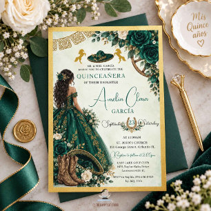 Smaragdgroene Witte Bloemrijke Charro Quinceanera  Kaart