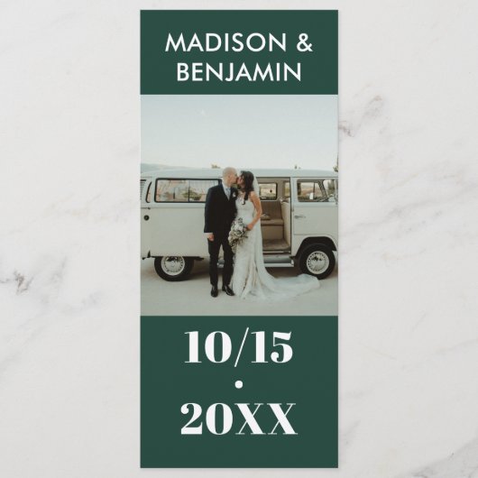 Smaragdgroene witte foto Bold Minimalist Wedding Programmakaart (Voorkant)