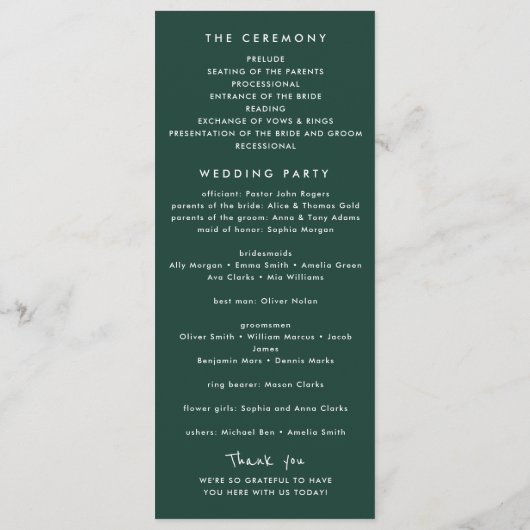 Smaragdgroene witte foto Bold Minimalist Wedding Programmakaart (Achterkant)