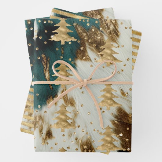 Smaragdgroene witte gouden kerstboom inpakpapier vel (In situ)