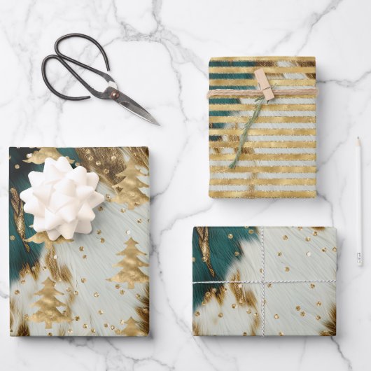 Smaragdgroene witte gouden kerstboom inpakpapier vel (Voorkant)