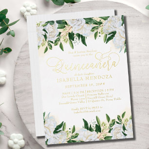 Smaragdgroene witte pioenroos Quinceanera-mis goud Folie Uitnodiging