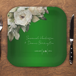Smaragdgroene  witte rozen bruiloft papieren bordje