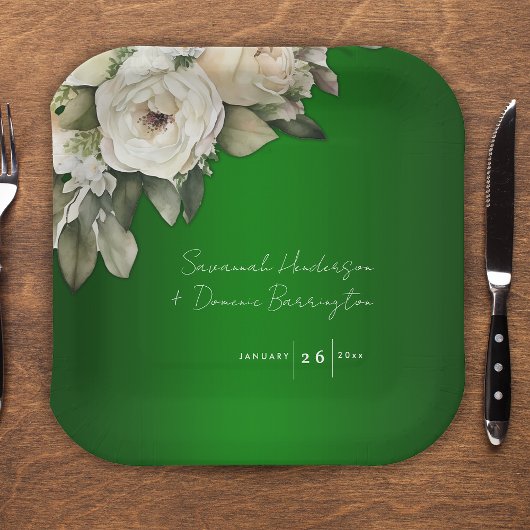 Smaragdgroene  witte rozen bruiloft papieren bordje