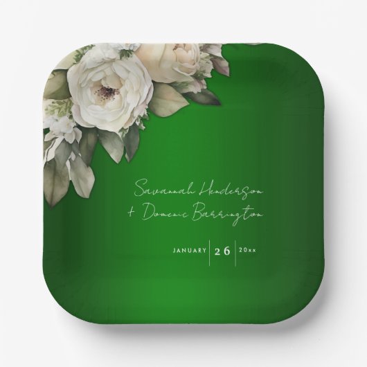 Smaragdgroene  witte rozen bruiloft papieren bordje (Voorkant)