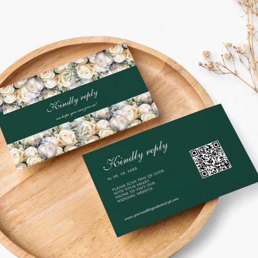 Smaragdgroene Witte Rozen RSVP QR-code Huwelijk Informatiekaartje