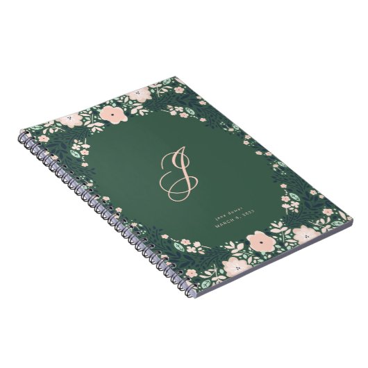 Smaragdgroene Zachte Monogram Bloemige Persoonlijk Notitieboek (Rechterzijde)