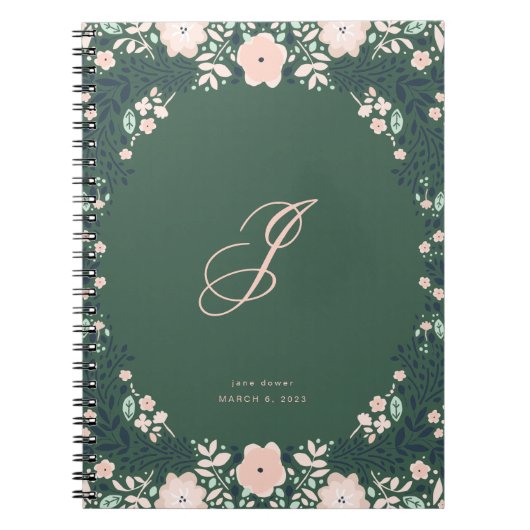 Smaragdgroene Zachte Monogram Florale Persoonlijke Notitieboek (Voorkant)