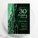 Smaragdgroene zilveren agaat 30e verjaardag kaart<br><div class="desc">Smaragdgroen en zilveren agaat 30ste verjaardag feestuitnodiging. Elegant modern ontwerp met waterverf agaat marmeren geode achtergrond,  faux glitter zilver en typografie script lettertype. Trendy uitnodigingskaart perfect voor een stijlvol vrouwenfeest. Gedrukte Zazzle-uitnodigingen of direct download digitale afdrukbare sjabloon.</div>
