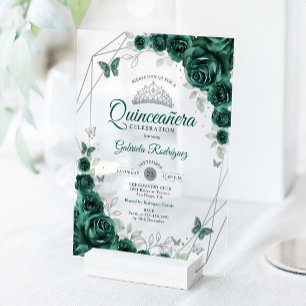 Smaragdgroene Zilveren Bloem Quinceanera Acryl Uitnodigingen
